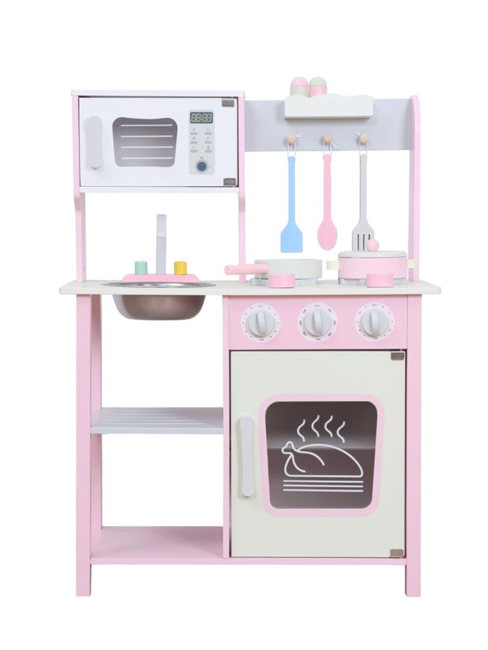 Kids Wooden Play Kitchen Set, Pink Pretend Cooking Toy with Accessories - Picture 9 of 16